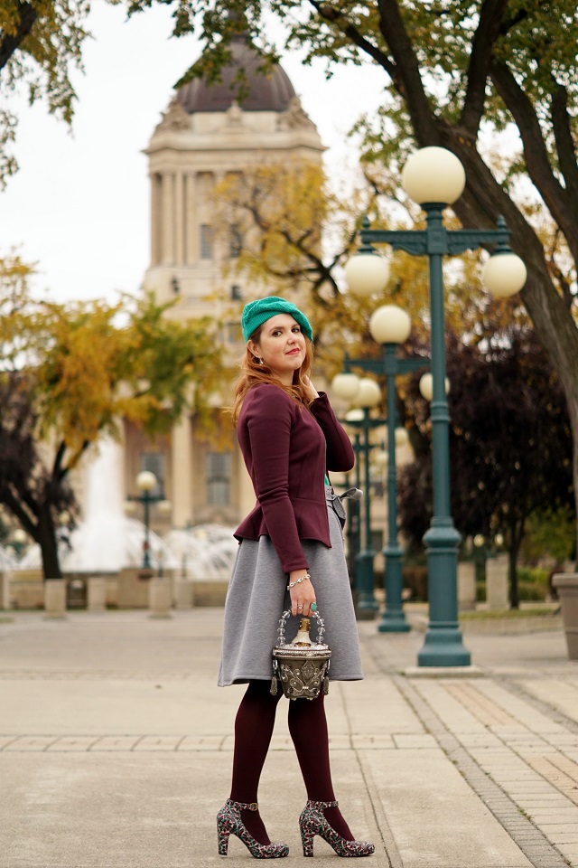Winnipeg Style, Chie Mihara patent leather suede Norman wine tile print ankle strap shoes, H&M wine peplum blazer jacket, Mary Frances On ice wine bucket novelty clutch bag, Forever 21 heather grey a line skirt, Lord & Taylor cashmere green sweater, Ada collection leather wrap belt